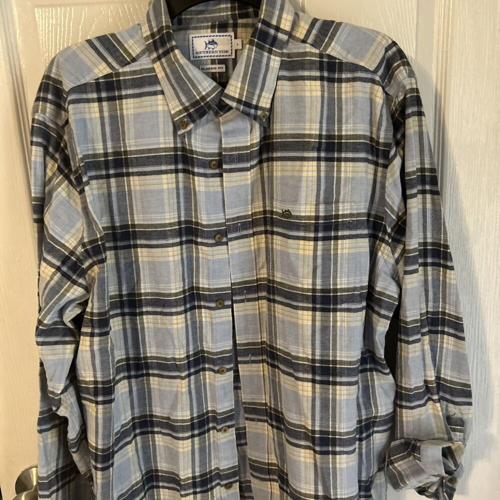 Southern Tide Classic Fit Plaid Long Sleeve Button Up Shirt Men's L Blue Gray